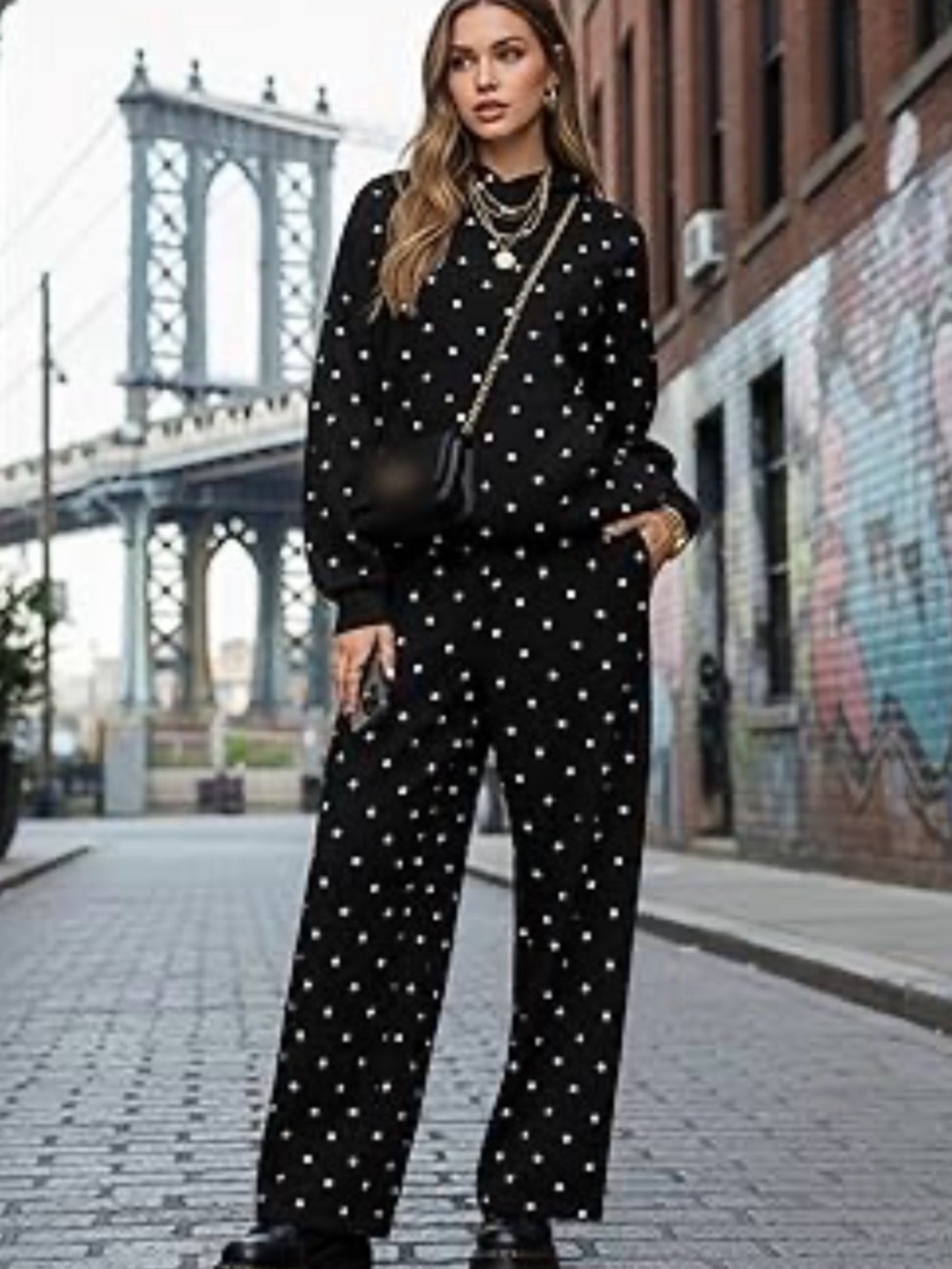 Black Polka Dot Wide-Leg Jogger & Hoodie set